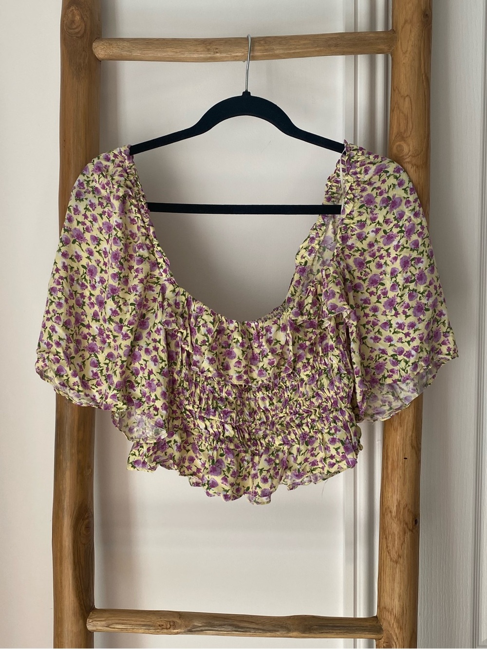 Zara Floral Ruffle Butterfly Sleeve Cropped Top Sz Medium Yellow Purple Boho